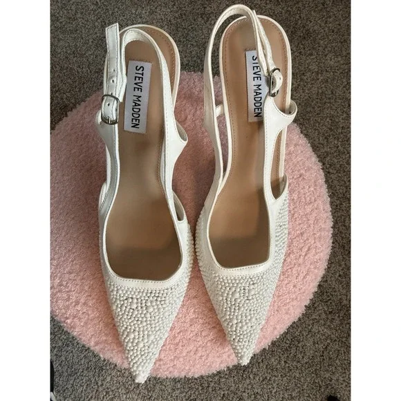 Steve Madden White Beaded Slingback Heels Size 11 Pointed Toe Wedding Shoes - Picture 2 of 4